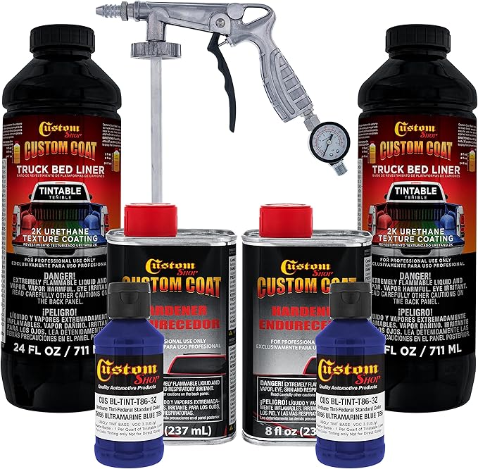 Custom Coat Federal Standard Color # 35056 Ultramarine Blue T86 Urethane Spray-On Truck Bed Liner, 2 Quart Kit with Spray Gun and Regulator - Durable Textured Protective Coating - Easy Mix Car Auto