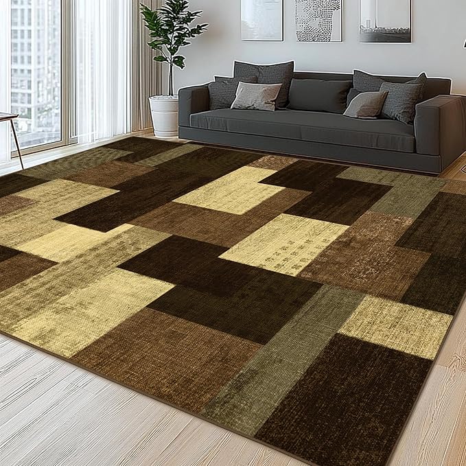 Modern Geometric Patchwork Indoor Area Rug for Living Room, Warm Taupe 4x6 Large Rug Rockwood Collection Hardwood Floors Decor for Bedroom, Taupe Throw Carpet for Office Entryway Dining Room