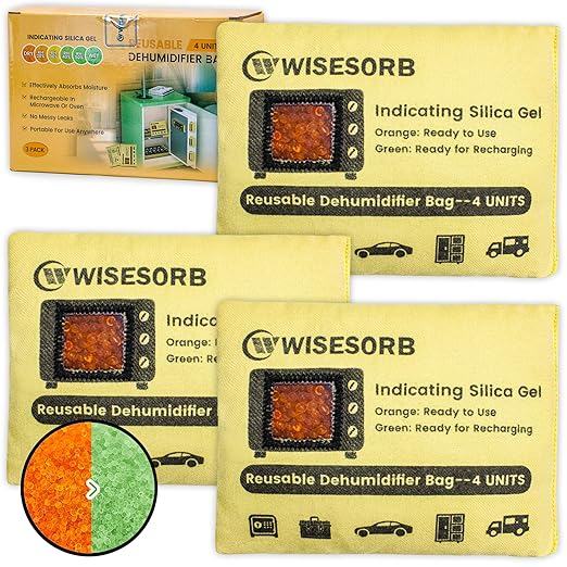 Wisesorb 120g×3 Packs Rechargeable Silica Gel Desiccant Packs with Clean Window, Color Indicating (Orange to Green) Reusable Moisture Absorbers for Storage, Closet, 3D Filaments, Electronics, Camera