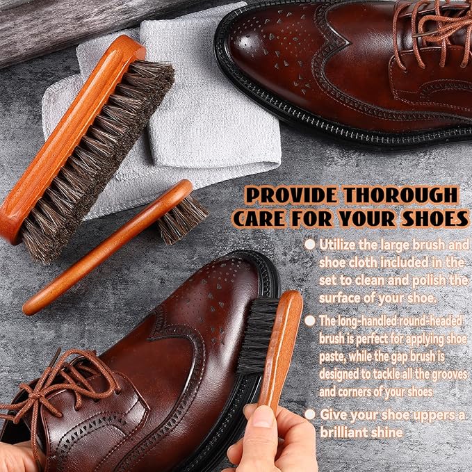 4 Pcs Horsehair Shoe Brush Kit Polishing Daubers Applicators Leather Care Brushes Shine Cleaning Cloth with Cloth(Shoe Brush Set D)