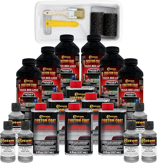 Custom Coat Bright Silver 1.5 Gallon (6 Quart) Urethane Roll-On, Brush-On or Spray-On Truck Bed Liner Kit with Roller and Brush Applicator Kit - Easy Mixing - Textured Car Auto Protective Coating