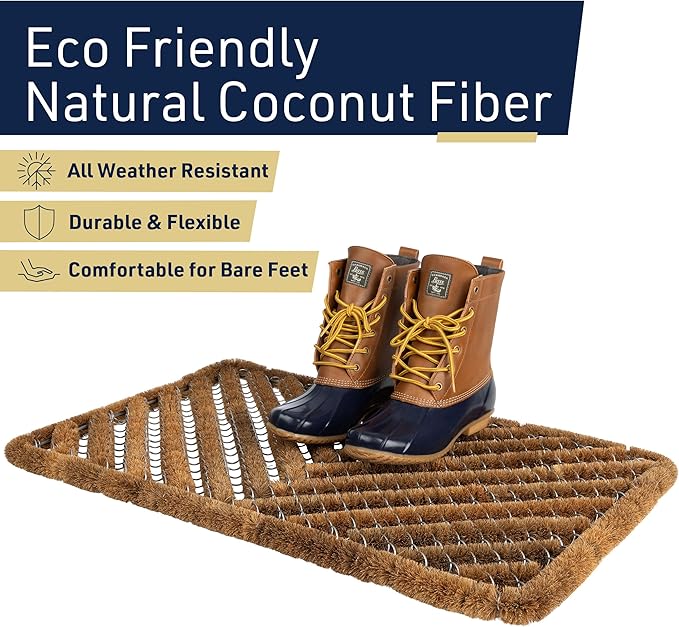 Kings County Tools Natural Coir Doormat - 29x19in Dirt Trapping Welcome Matt Outdoor or Indoor Front Door Mat Outside Entrance - Easy to Clean Heavy Duty Coco Coir and Stainless Steel Welcome Mat