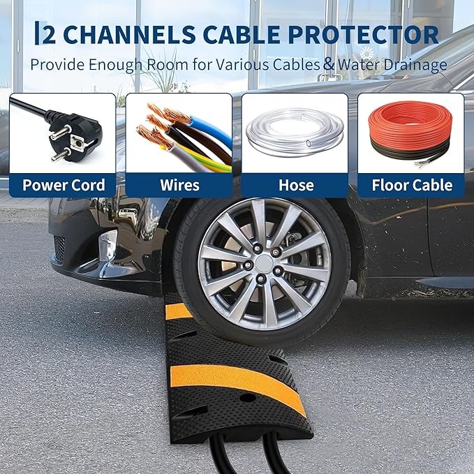 4 Pack 6FT Speed Bumps for Road, Heavy Duty 25,000 Lbs Capacity with 2 Channel Floor Cord Cover, 72" Parking Lot Speed Hump for Garage, Driveway, Warehouse - Includes Installation Parts, Black/Yellow