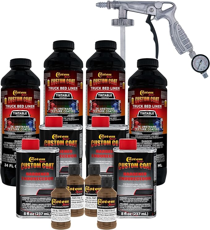 Custom Coat Federal Standard Color # 33105 Field Drab Brown T78 Urethane Spray-On Truck Bed Liner, 1 Gallon Kit with Spray Gun and Regulator - Durable Textured Protective Coating - Easy Mix Car Auto