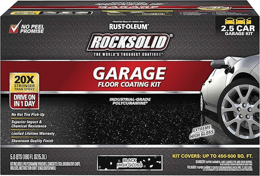 Rust-Oleum 318697 RockSolid Polycuramine Garage Floor Coating, 2.5 Car Kit, High Gloss Black