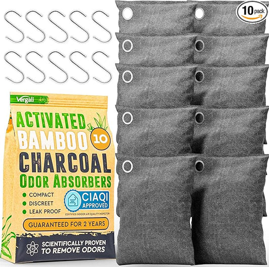 Activated Charcoal Odor Absorber for Strong Odors in Car, Closet, Shoe, Basement. 10 Activated Charcoal Bags Odor Absorbers for Home Bamboo Charcoals Air Purifying Bag Charcoals Deodorizer Eliminator