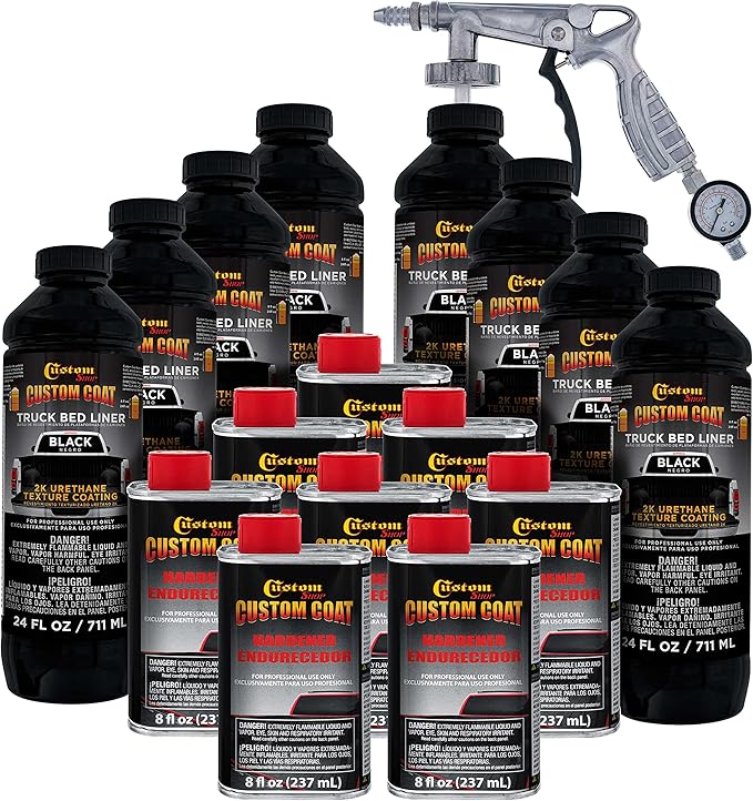 Custom Coat Black 2 Gallon (8 Quart) Urethane Spray-On Truck Bed Liner Kit with Spray Gun and Regulator - Easy 3 to 1 Mix Ratio, Just Mix, Shake and Shoot It - Durable Textured Protective Coating