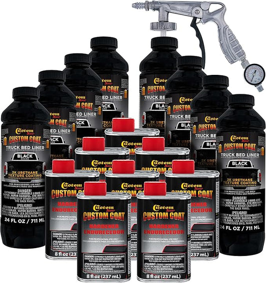 Custom Coat Black 2 Gallon (8 Quart) Urethane Spray-On Truck Bed Liner Kit with Spray Gun and Regulator - Easy 3 to 1 Mix Ratio, Just Mix, Shake and Shoot It - Durable Textured Protective Coating