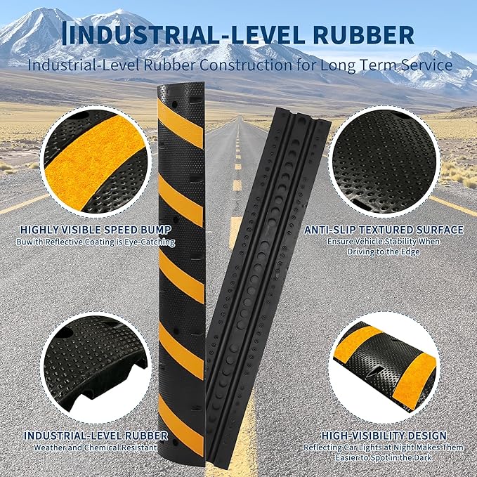 3 Pack 6FT Speed Bumps for Road, Heavy Duty 25,000 Lbs Capacity with 2 Channel Floor Cord Cover, 72" Parking Lot Speed Hump for Garage, Driveway, Warehouse - Includes Installation Parts, Black/Yellow