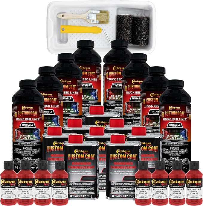 Custom Coat Hot Rod Red 2 Gallon Urethane Roll-On, Brush-On or Spray-On Truck Bed Liner Kit with Roller and Brush Applicator Kit - Easy Mixing Durable Textured Car Auto Protective Coating