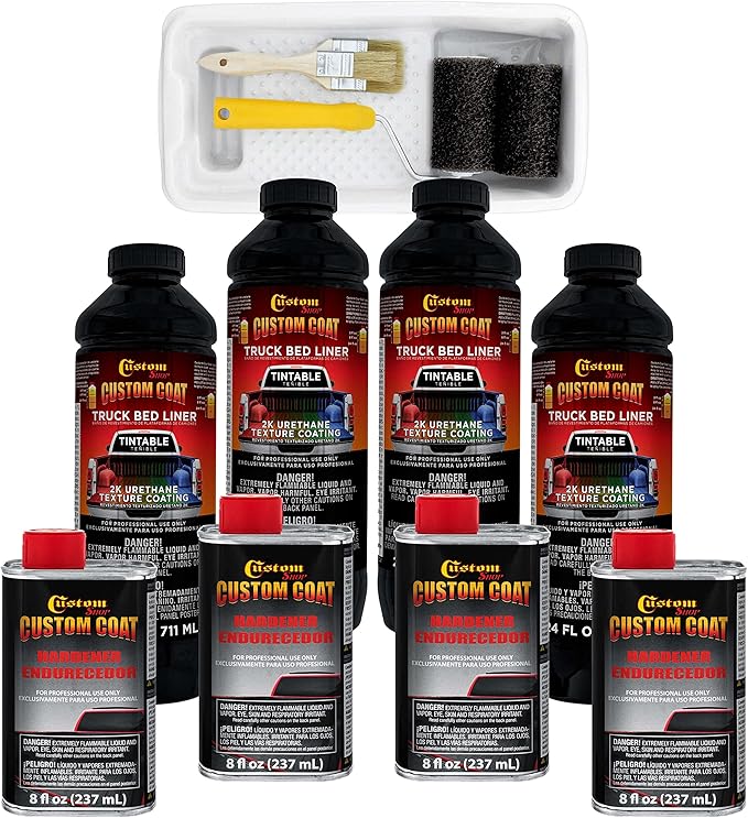 Custom Coat Tintable Base Only 1 Gallon Urethane Roll-On, Brush-On or Spray-On Truck Bed Liner Kit with Roller and Brush Applicator Kit - 3 to 1 Mix Ratio - Durable Textured Protective Coating