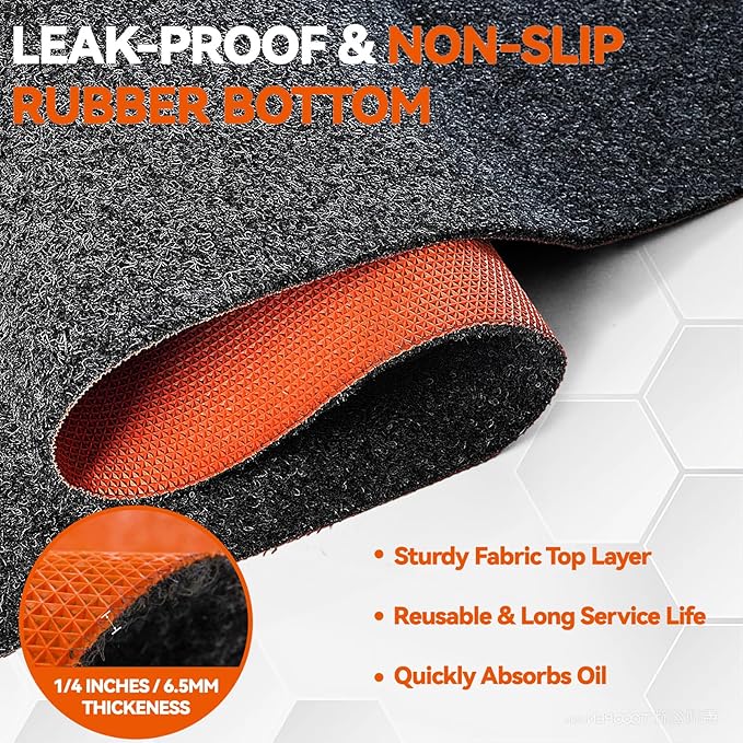 Heavy Duty Oil Spill Mat, Upgraded Garage Floor Mat for Under Car, 1/4" Waterproof Rubber Bottom Absorbs Oil Quickly, Washable, Reusable Oil Drip Leak Absorbent Pad (4'11″ x 5'11″)