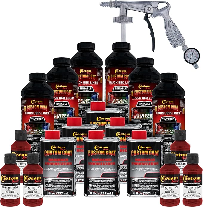 Custom Coat Blood Red 1.5 Gallon (6 Quart) Urethane Spray-On Truck Bed Liner Kit with Spray Gun and Regulator - Easy Mixing, Shake, Shoot - Textured Protective Coating, Prevent Rust - Car, Auto