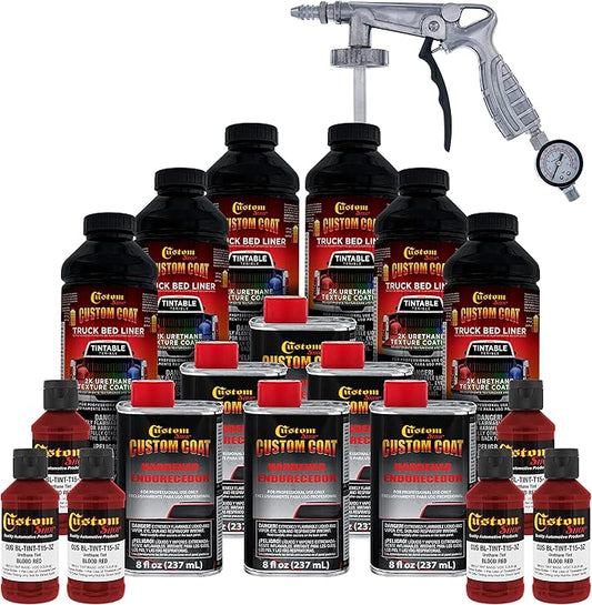 Custom Coat Blood Red 1.5 Gallon (6 Quart) Urethane Spray-On Truck Bed Liner Kit with Spray Gun and Regulator - Easy Mixing, Shake, Shoot - Textured Protective Coating, Prevent Rust - Car, Auto