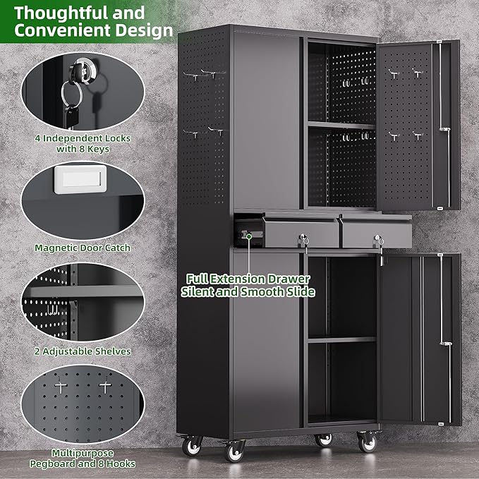 Reemoon Garage Storage Cabinet with Wheels and Doors,71" H Metal Storage Cabinet with Pegboard and 2 Drawers for Garage, Warehouse,Home,Required Assembly,Black and Dark Grey