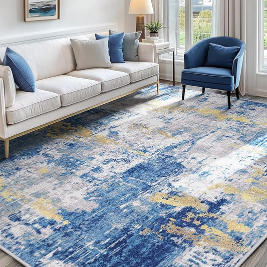 RELEANY Washable Area Rugs7'x9' Non-Slip Modern Abstract Soft for Living Room Entryway Bedroom Nursery, Print Pattern, Grey Blue Gold/Golden