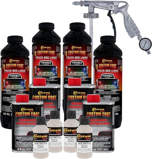 Custom Coat GM White 1 Gallon Urethane Spray-On Truck Bed Liner Kit with Spray Gun and Regulator - Easy Mixing, Shake, Shoot It - Durable Textured Protective Coating, Prevent Rust - Car, Auto