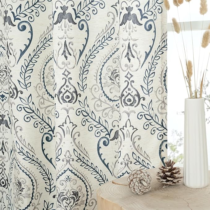 LAMIT Linen Curtains 40 inch Length for Small Windows, Light Filtering Semi Sheer Linen Curtains Grommet Vintage Damask Flower Pattern Drapes for Kitchen/Cafe, 2 Panels, 34 x 40 Inch, Greyish Blue