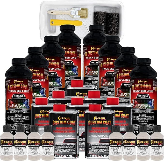 Custom Coat GM White 2 Gallon Urethane Roll-On, Brush-On or Spray-On Truck Bed Liner Kit with Roller and Brush Applicator Kit - Easy Mixing - Durable Textured Car Auto Protective Coating