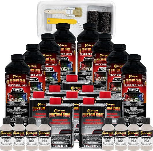 Custom Coat GM White 2 Gallon Urethane Roll-On, Brush-On or Spray-On Truck Bed Liner Kit with Roller and Brush Applicator Kit - Easy Mixing - Durable Textured Car Auto Protective Coating