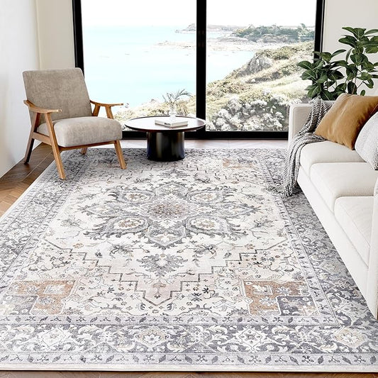 AMADA HOMEFURNISHING 5x7 Area Rugs, Washable Living Room Rug Low-Profile with Non-Slip Backing & Durable Edge Binding, Vintage 5x7 Rugs for Living Room, Bedroom, Dinning Room