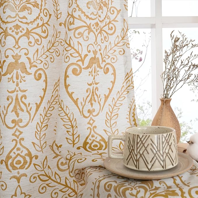 LAMIT Linen Curtains 40 inch Length for Small Windows, Light Filtering Semi Sheer Linen Curtains Grommet Vintage Damask Flower Pattern Drapes for Half Windows/Cafe, 2 Panels, 34 x 40 Inch, Gold