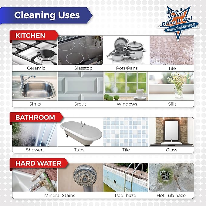 Bring It On Cleaner- 128 Oz Shower Door Hard Water Spot Stain Remover with OXYGEN BLEACH. Safely Clean Shower Door Glass, Tiles, Taps, Grout and Fiberglass
