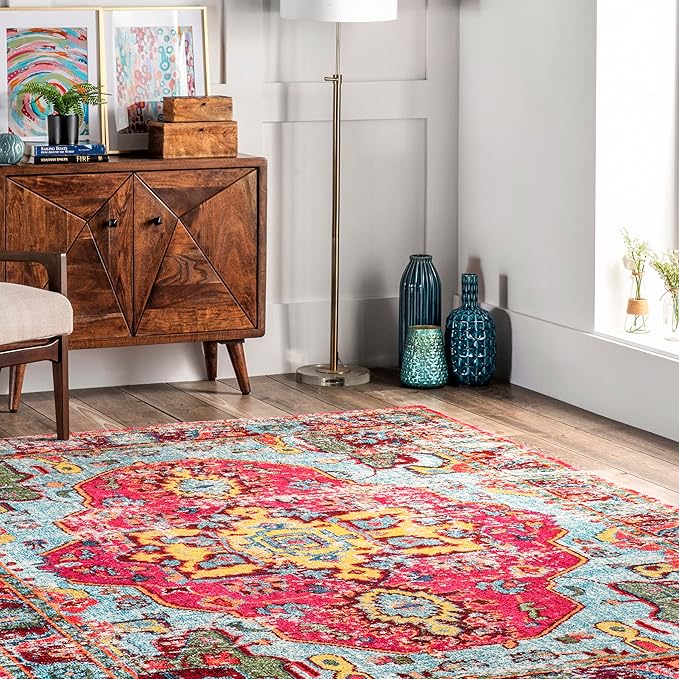 Nuloom Corbett Fuchsia/Ivory, 6'7" x 9', Vintage Bohemian, Soft and Cozy, High Traffic, Stain Resistant, Easy Clean, Durable Area Rug for Bedroom, Living Room, Dining Space, Den, Foyer, Entryway