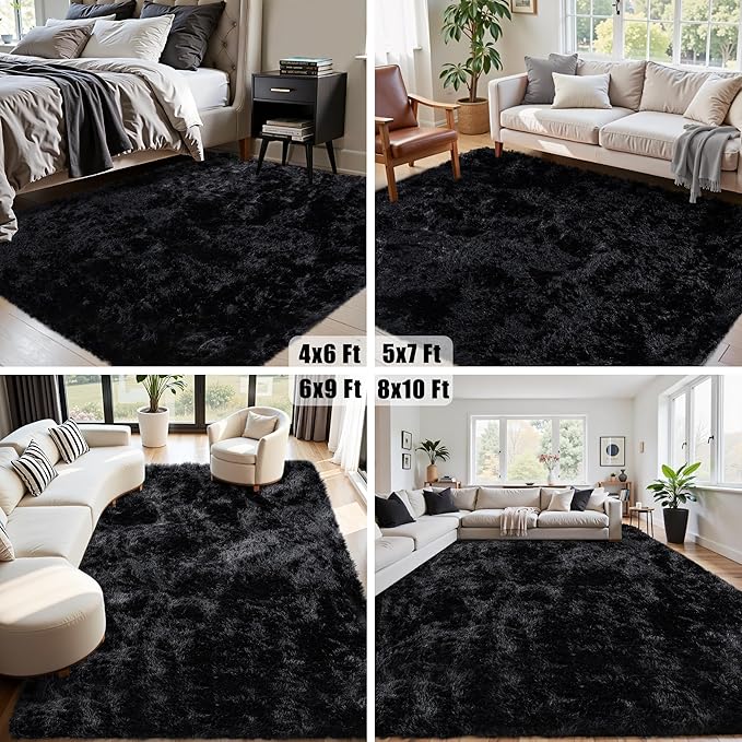 8x10 Area Rug for Living Room:Ultra Soft Fluffy Shag Black Rugs,Large Fuzzy Plush Indoor Non Slip Carpet Washable Rug for Bedroom Kids Nursery Office Dorm Modern Decor(Black)