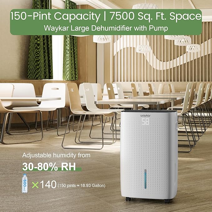 Waykar 150 Pint 7,500 Sq.Ft Dehumidifier with Pump for Basement & Home, Large Room, Smart Compressor Dehumidifier with Drain Hose & Tank for Commercial, 30–80% RH Control, 90° Auto Swing, Auto Defrost