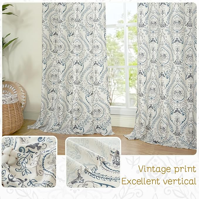 LAMIT Linen Curtains 78 inches Long for Living Room, Printed Linen Curtains Grommet Light Filtering Vintage Damask Flower Pattern Window Drapes for Bedroom, 2 Panels Each 52 x 78 Inch, Greyish Blue