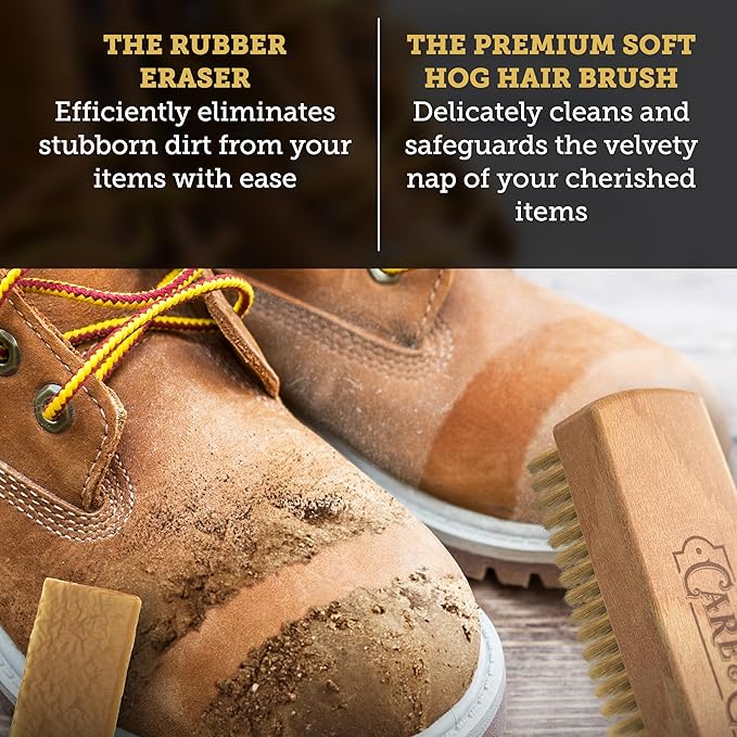 Care & Cool Suede and Nubuck Cleaning Large Hog Hair Brush (Size 7.17"x2.17") and Rubber Eraser - Gentle Cleaning, Nap Restoration - Ideal for Suede, Nubuck, Leather, Canvas, Knit