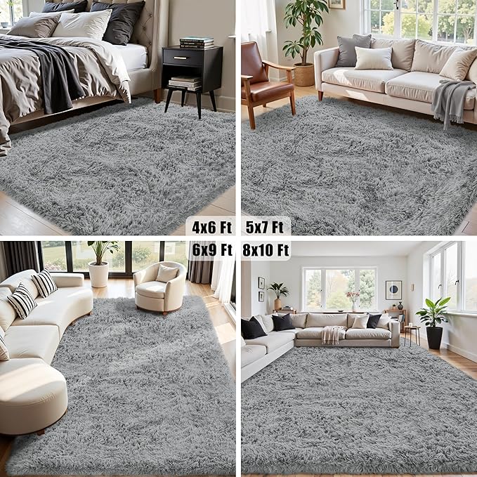 5x7 Area Rug for Living Room:Ultra Soft Fluffy Shag Light Grey Rugs,Large Fuzzy Plush Indoor Non Slip Carpet Washable Rug for Bedroom Kids Nursery Office Dorm Modern Decor(Light Grey 5'x7')
