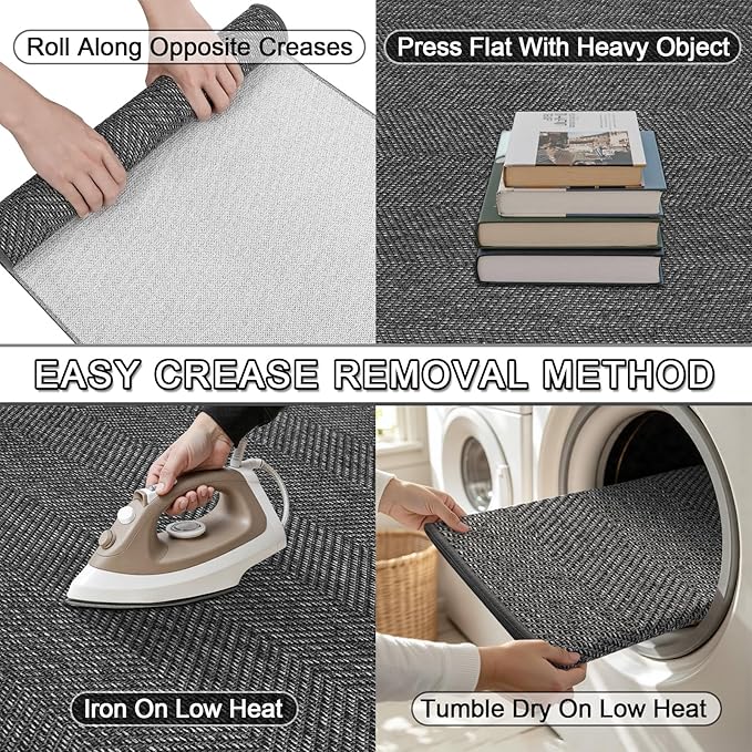 Ultra Thin Indoor Door Mat 17"x29", Washable Door Mat Indoor Entrance, Non Slip Rubber Backing Doormat Low-Profile Inside Entryway Mat, Unique Herringbone Design Entry Mat, Dark Grey (FOLD)