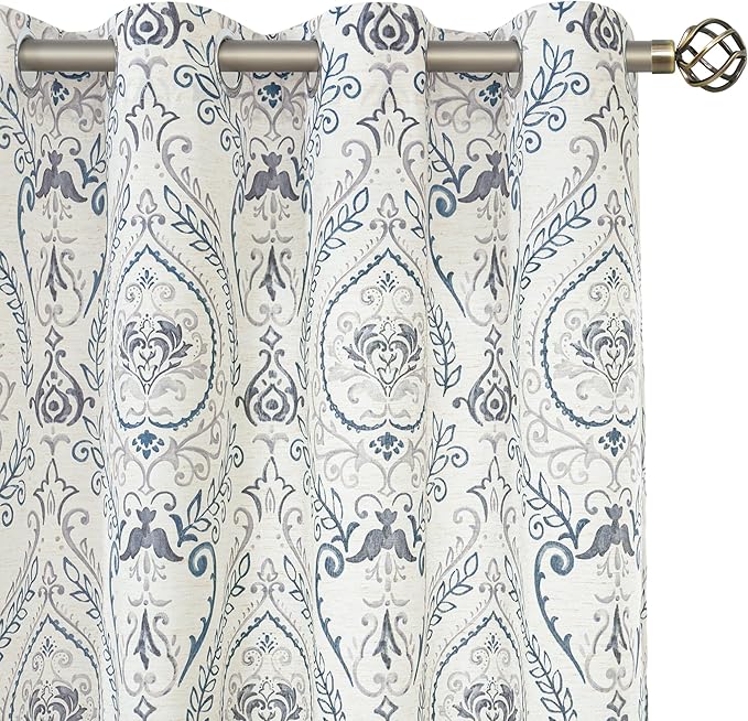 LAMIT Linen Curtains for Living Room 84 inch Length 2 Panels Set, Light Filtering Privacy Grommet Vintage Boho Damask Printed Window Drapes for Bedroom, Greyish Blue, Each 52 x 84 Inch