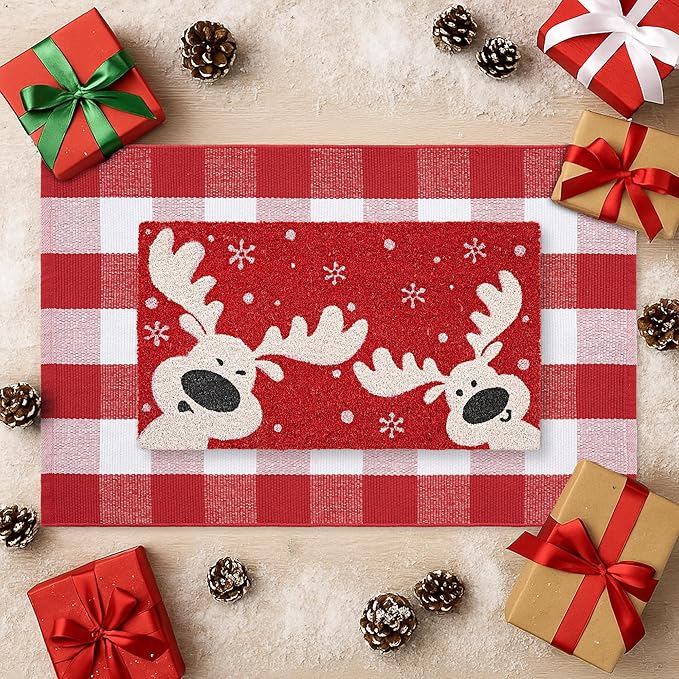 2-Piece Christmas Door Mat Combo Set - Reindeer Coir Doormat 17"x30" + Red White Buffalo Plaid Rug 28"x43", Layered Front Door Decor for Porch/Entryway, Natural Coir with PVC Backing