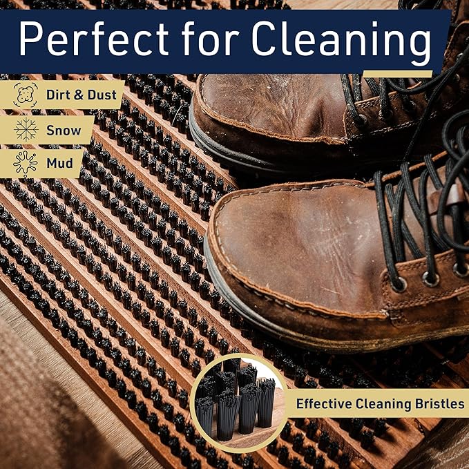 Kings County Tools Wooden Door Mat - 31.5” x 14” Boot Brush Scraper Outdoor Mat - Front Doormat Outside Entrance with Built-in PVC Shoe Cleaner Brush Bristles and Non-Slip Rubber Backing