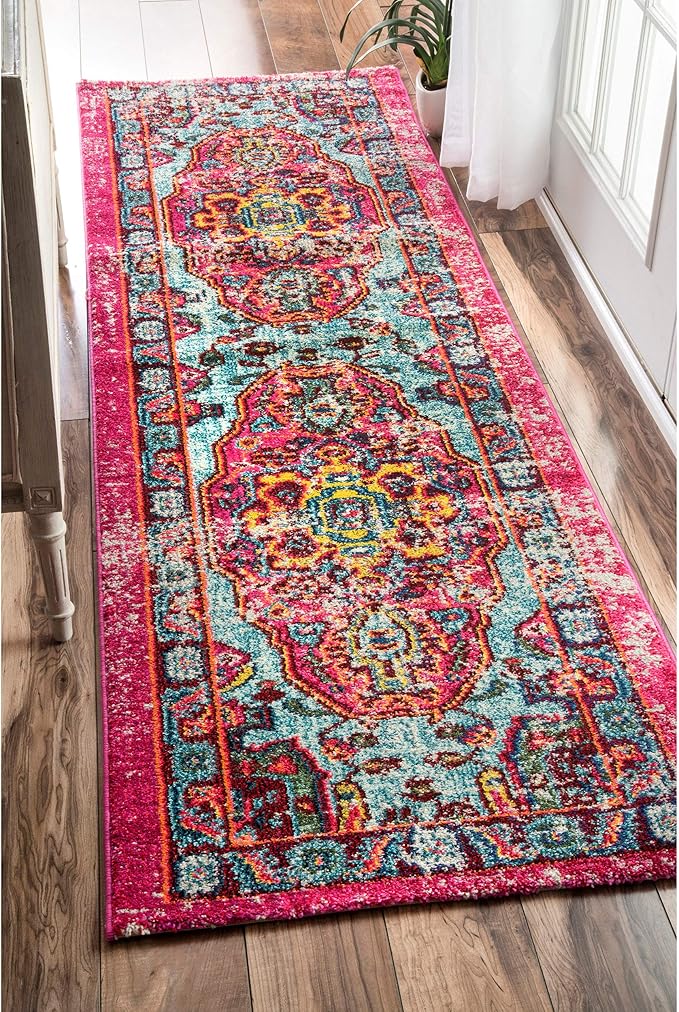 Nuloom Corbett Fuchsia/Ivory, 2'6" x 6', Vintage Bohemian, Soft and Cozy, High Traffic, Stain Resistant, Easy Clean, Durable Runner for Bedroom, Living Room, Dining Space, Den, Foyer, Entryway