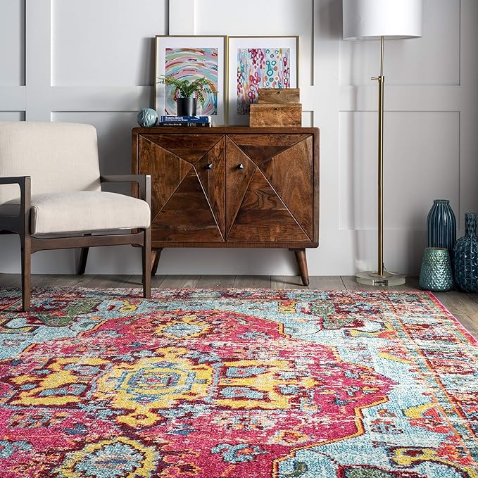 Nuloom Corbett Fuchsia/Ivory, 6'7" x 9', Vintage Bohemian, Soft and Cozy, High Traffic, Stain Resistant, Easy Clean, Durable Area Rug for Bedroom, Living Room, Dining Space, Den, Foyer, Entryway