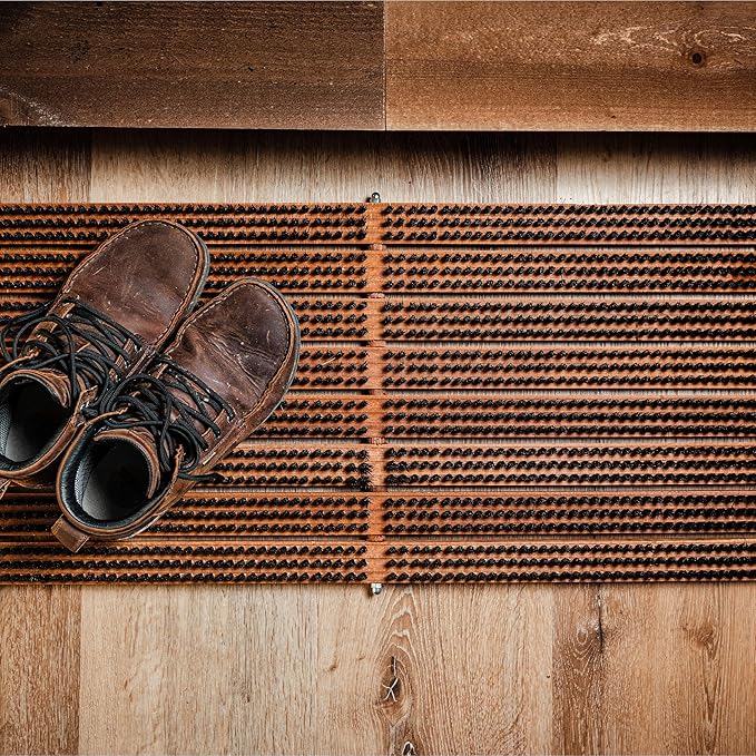 Kings County Tools Wooden Door Mat - 31.5” x 14” Boot Brush Scraper Outdoor Mat - Front Doormat Outside Entrance with Built-in PVC Shoe Cleaner Brush Bristles and Non-Slip Rubber Backing