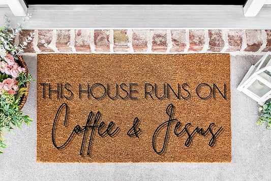 This House Runs On Coffee and Jesus Doormat, Aesthetic Doormat, Welcome Mat, Porch Decor, Home Decor, Housewarming Gift Home Kitchen Entrance Low Pile Non-Slip Door Mat 32x20in